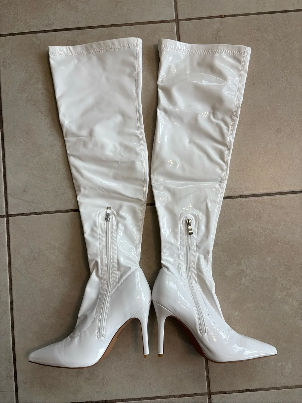 White Patent Thigh-High Over Knee Boots Pointed Toe Stiletto Heel Sz 39/US 8.5